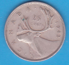 (1) MONEDA DIN ARGINT CANADA - 25 CENTS 1942 foto