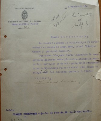 Primaria Sectorului II Negru Bucuresti, adresa din 1935, razboiul chimic foto