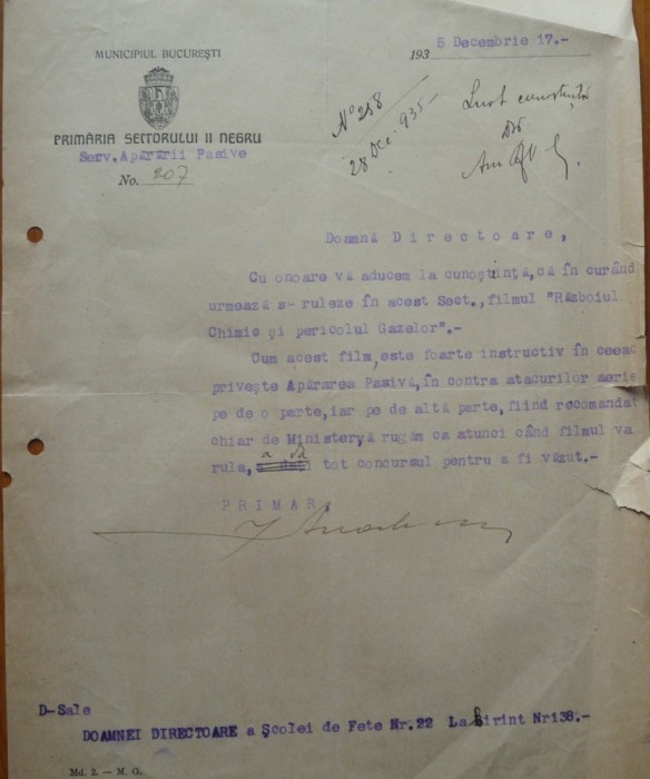 Primaria Sectorului II Negru Bucuresti, adresa din 1935, razboiul chimic