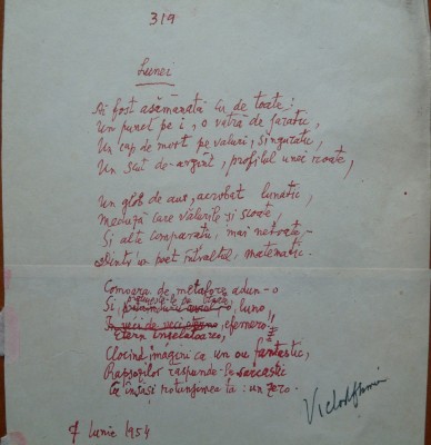 Poezie in manuscris, Victor Eftimiu; Lunei, 1954 foto