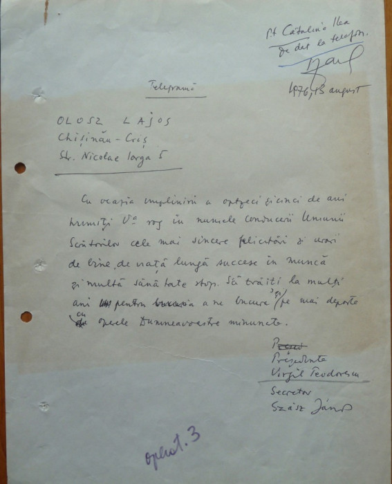 Telegrama olografa, scriitorul de avangarda Virgil Teodorescu, Szasz Janos