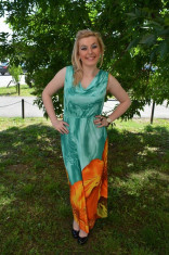 Rochie trendy de culoare turcoaz cu o floare mare portocalie (Culoare: TURCOAZ, Marime: 44) foto
