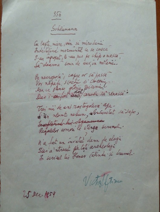 Poezie in manuscris, Victor Eftimiu; Schliemann, 1954