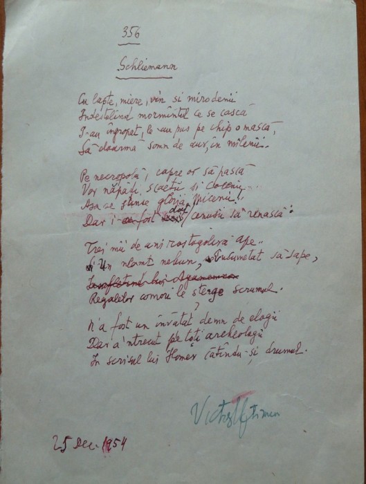 Poezie in manuscris , Victor Eftimiu ; Schliemann , 1954 , mason , aroman