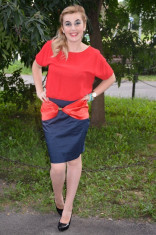 Rochie rafinata cu aspect de costum, culoare bleumarin-rosu (Culoare: ROSU-BLEUMARIN, Marime: 38) foto