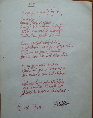 Manuscris , Victor Eftimiu ;In orice zi , o noua parasire ,1954 , mason , aroman foto