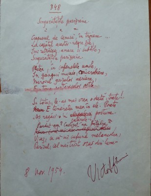 Poezie in manuscris de Victor Eftimiu ; Singuratatile pariziene, 1954 foto