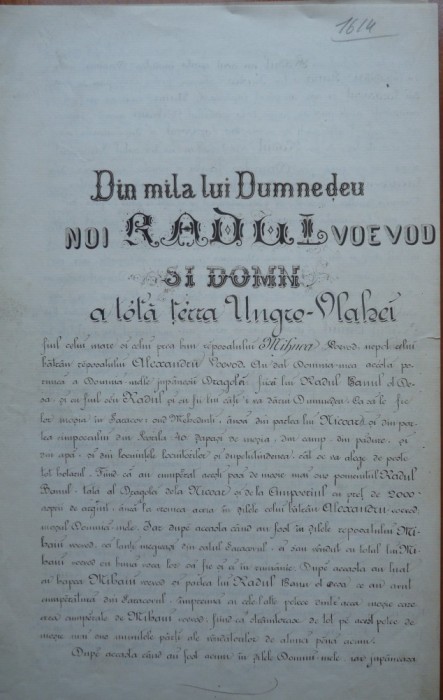 Traducere interbel., hrisov al lui Radu I Voievod si Domn al Ungro-Vlahei, 1614