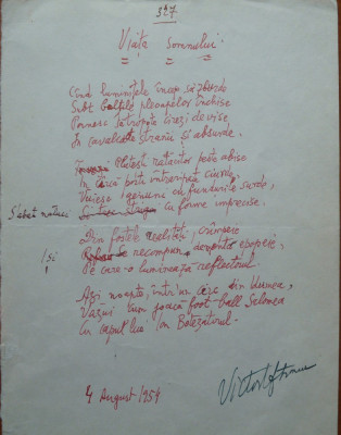 Poezie in manuscris , Victor Eftimiu ; Viata somnului , 1954 , mason , aroman foto