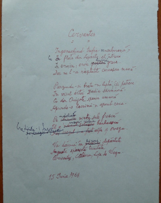 Poezie in manuscris , Victor Eftimiu ; Cervantes , 1968 , mason , aroman