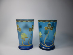 g 2 Pahare de sticla veche albastra , pictate in email si aur stil Art Nouveau foto
