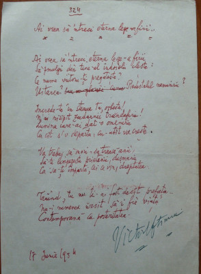 Poezie in manuscris Victor Eftimiu ; As vrea sa-ntreci eterna lege-a firii foto