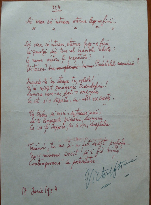 Poezie in manuscris Victor Eftimiu ; As vrea sa-ntreci eterna lege-a firii