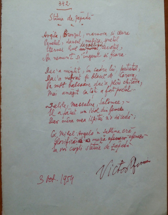 Poezie de Victor Eftimiu ; Statuia de zapada , 1954 , mason , aroman