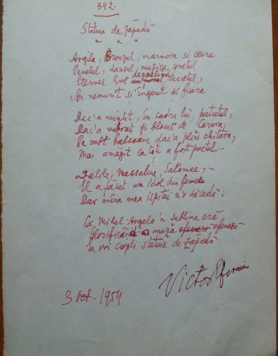 Poezie de Victor Eftimiu; Statuia de zapada, 1954