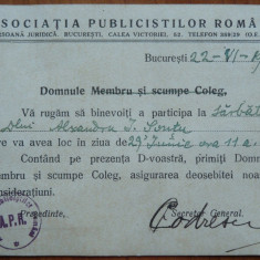 Asociatia Publicistilor Romani , invitatie , 1937