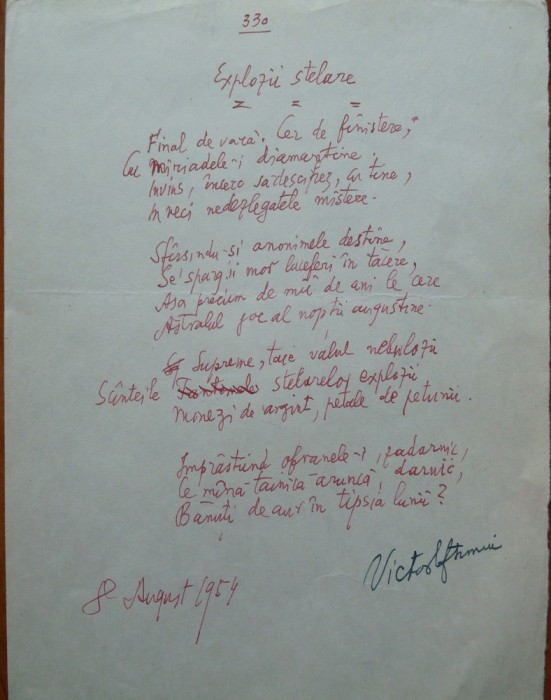 Poezie in manuscris, Victor Eftimiu; Explozii stelare, 1954