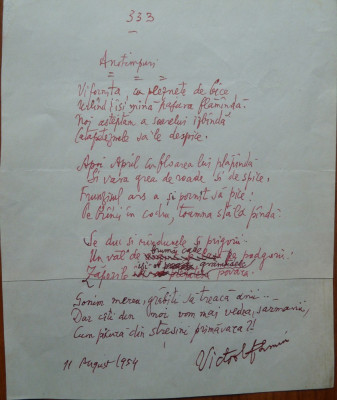 Poezie in manuscris , Victor Eftimiu ; Anotimpuri , 1954 , mason , aroman foto