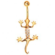 Piercing pentru buric din aur galben 14K - șopârlă decorată cu zirconii transparente foto mare Piercing pentru buric din aur galben 14K - șopârlă decorată cu zirconii transparente foto mare