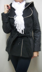 Palton scurt din stofa combinata cu piele ecologica, nuanta neagra (Culoare: NEGRU, Marime: L-40) foto