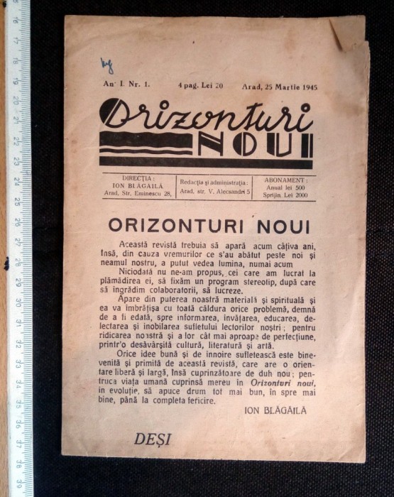 ZIAR VECHI - ORIZONTURI NOUI - ARAD 25 ,ARTIE 1945 , ANUL 1 NUMARUL 1