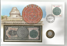 LL NumisBrief &amp;quot; Calendarul Solar Aztec&amp;quot; cu bancnota si moneda Mexico ! 1973 foto