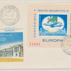 1977 ROMANIA FDC rar colita nedantelata conferinta Europa CSCE Belgrad - avion