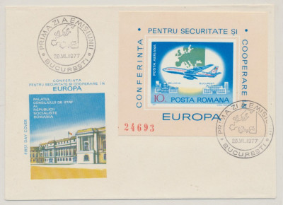 1977 ROMANIA FDC rar colita nedantelata conferinta Europa CSCE Belgrad - avion foto