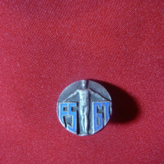 Insigna FSGT ,interbelica , metal argintat si email , d= 1,3 cm