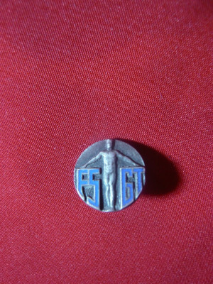 Insigna FSGT ,interbelica , metal argintat si email , d= 1,3 cm foto