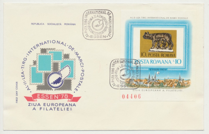 1978 ROMANIA FDC rar colita nedantelata targ filatelic Essen - &rdquo;Lupoaica mica&rdquo;