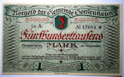 58. GERMANIA GONZENHEIM NOTGELD 500000 MARK 1923 AUNC SR. 684 foto