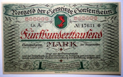 186 GERMANIA GONZENHEIM NOTGELD 2X500000 MARK 1923 AUNC SERII CONSECUTIVE foto