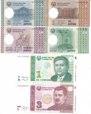 !! TADJIKISTAN - LOT 1 + 5 + 20 + 50 DIRAMS + 1 + 3 SOMONI - UNC / CELE DIN SCAN foto