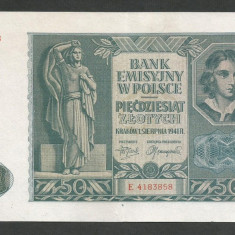 POLONIA 50 ZLOTI ZLOTYCH 1941 , Ocupatie Nazista [7] P-102 , XF+