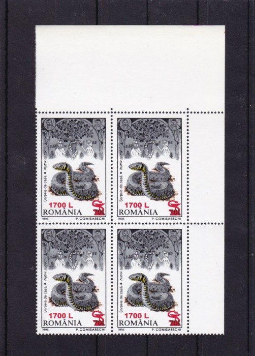 ROMANIA 2001 LP 1506 FAUNA 96 SUPRATIPAR SARPE BLOC DE 4 TIMBRE MNH