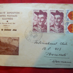 Plic special al Expozitiei Carti Postale ,francat pereche 12 fr. Rabelais 1950