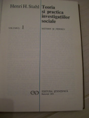 TEORIA SI PRACTICA INVESTIGATIILOR SOCIALE HENRI H. STAHL VOL,1 foto