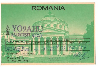 CPI (B8084) CARTE POSTALA - RADIOAMATORI, YO9AHU, ATENEUL ROMAN foto