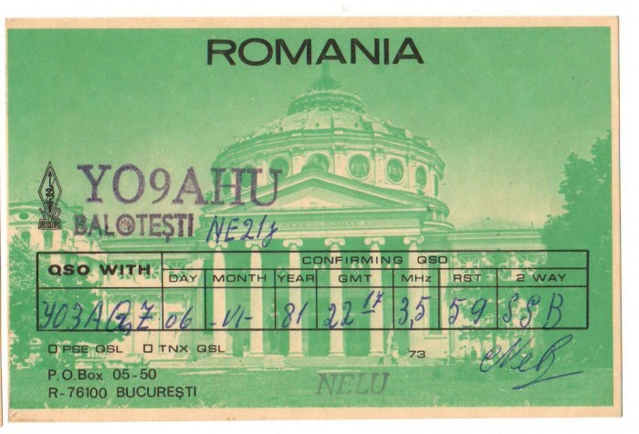 CPI (B8084) CARTE POSTALA - RADIOAMATORI, YO9AHU, ATENEUL ROMAN
