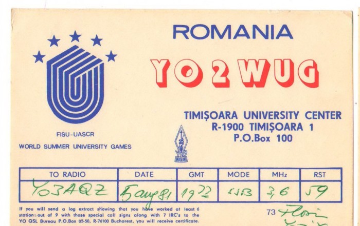 CPI (B8083) CARTE POSTALA - RADIOAMATORI, YO2WUG