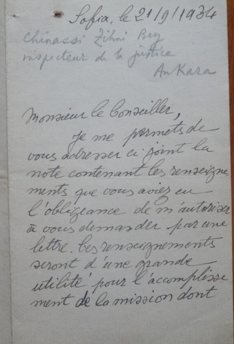 Scrisoare diplomatica in franceza, Sofia, Bulgaria; Legatia turca Ankara, 1934