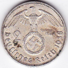 Germania nazista 2 MARK marci 1938 F argint 8 gr.varianta cu svastica necuratata foto