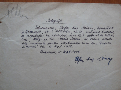 Delegatie scrisa olograf si semnata de Stefan Augustin Doinas , 1956 foto