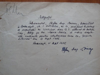 Delegatie scrisa olograf si semnata de Stefan Augustin Doinas, 1956 foto