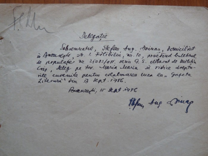 Delegatie scrisa olograf si semnata de Stefan Augustin Doinas, 1956