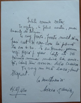 Scrisoare a scriitorului Mircea Damian, autorul lucrarii Bucuresti, 1930 foto