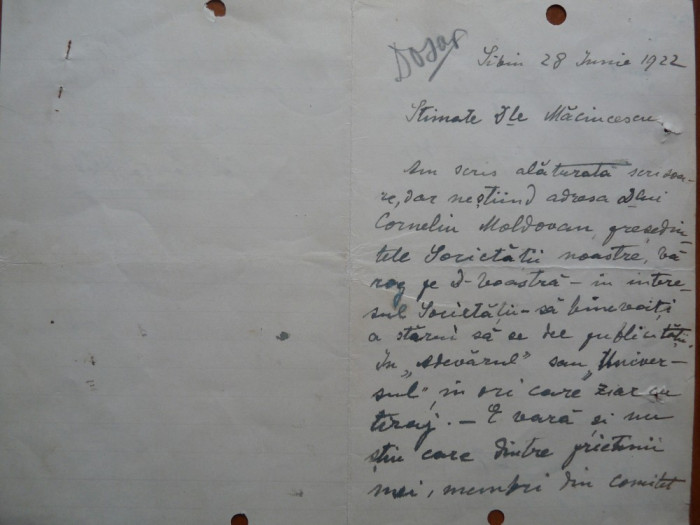 Scrisoare olografa a scriitoarei Constanta Hodos, Sibiu, 1922