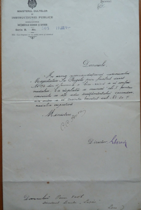 Acordarea Medaliei Directorului Liceului Lazar de Ministrul C. C. Arion , 1901