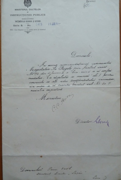 Acordarea Medaliei Dir. Liceului Lazar de Ministrul C. C. Arion, 1901, Lahovary